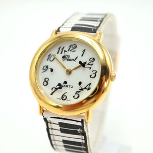 Vintage Pearl Music Watch 35mm Gold Tone Ticking Notes Piano Strap w New Battery
